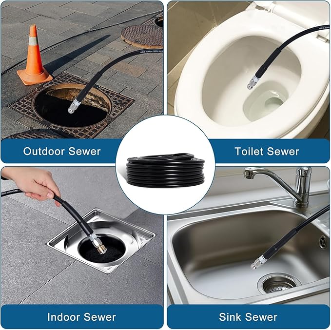 150FT Sewer Jetter Kit for Pressure Washer, 5800PSI Water Jet Durable Drain Cleaner Hose 1/4 Inch NPT Corner with 4 Specialized Nozzles，Waterproof Tape, Pearl Corsage Pin, Handle Strap & 2 Spanners