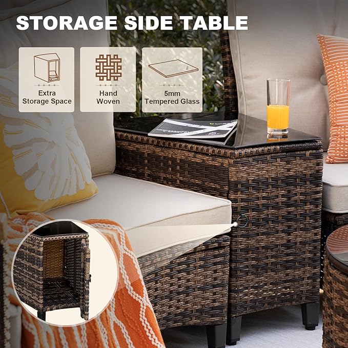 MEISSALIVVE 6 Piece Outdoor Patio Furniture Set, Half-Moon Curved Sectional Set with Wood Armrests, Patio Conversation Set, Tempered Glass Coffee & Side Tables (Brown)