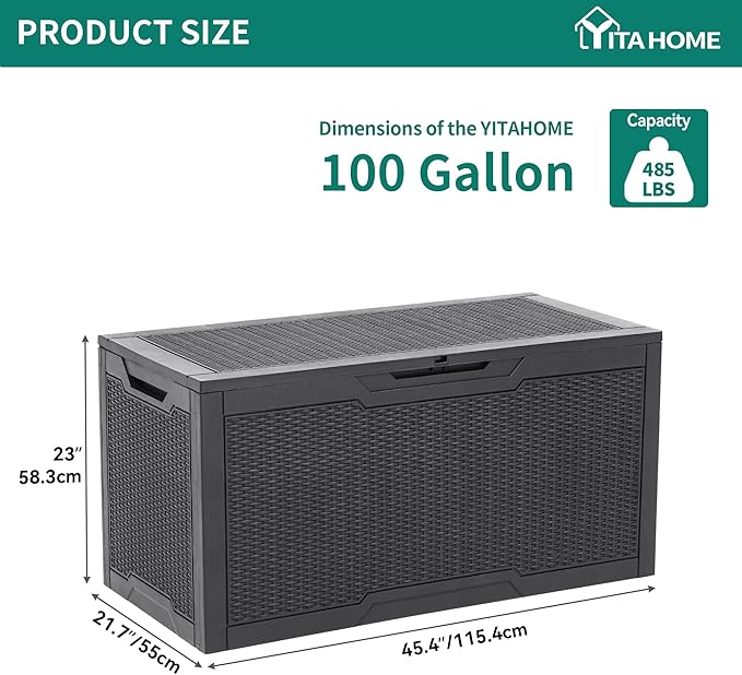 YITAHOME 100 Gallon Outdoor Storage Box, Large Water Resistant Resin Deck Box, Indoor Outdoor Lockable Storage Container for Patio, Garden, Cushions, Tools, Equipment (Dark Gray)
