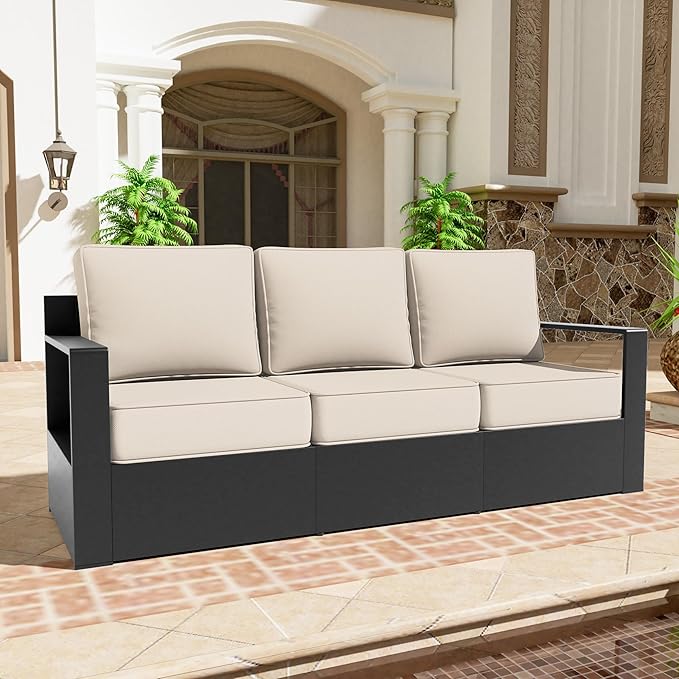 Aluminum Patio Sofa - 3-Seater Outdoor Sofa with 6" Thick Water-insistant Cushions, All-Weather Use Frame, Removable Cover, Ideal for Garden, Poolside (Beige)