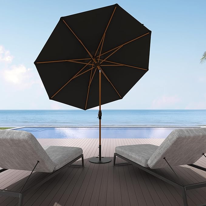 Midtown Umbrellas Sunbrella Umbrella Outdoor Patio Umbrella 2-9 Feet in Sunbrella Black Acrylic Fabric, Auto-Tilt Aluminum Frame For Backyard Umbrella, Deck Umbrella & Porch Umbrella - Wooden Pole