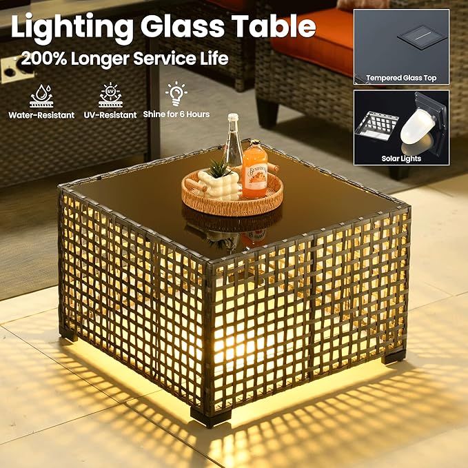 ovios 9 Pieces Patio Furniture Set with 54" Fire Pit Table, Outdoor Sofa Couch with Solar Lights Table Comfy Cushions, Modern Deep Seat Wicker Rattan Conversation Set, Orange Red