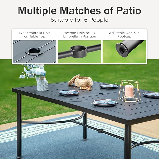 PHI VILLA Patio Dining Set for 6 Person, Outdoor Table and Chairs Furniture Dining Set with 6 Outdoor Swivel Dining Chairs and 1 Large Metal Table, Patio Set for Lawn Garden Deck