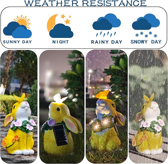 Solar Resin Rabbit Garden Outdoor Statue – Yellow Bunny Figurines with LED Floral Wreath & Butterfly, Decor for Patio Lawn Porch Yard Ornaments for Mom Grandma Wife