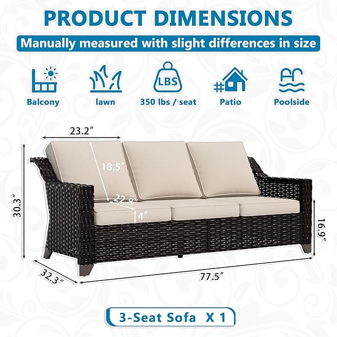 Vista Vibe 78" Patio Wicker 3-seat Sofa, Deep Seat & Upholstered Loveseat, Outdoor All-Weather Rattan Couch with Removable Cushions, Steel Frame Couch for Garden, Poolside (Brown/Beige)