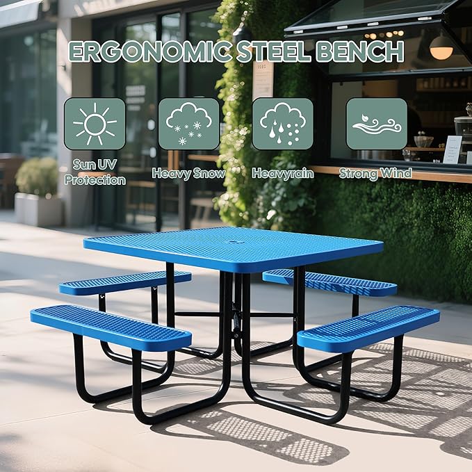 46Inch Square Picnic Table for 8 Person, Outdoor Heavy Duty Sturdy Picnic Tables with 4 Benches & Umbrella Hole, Commercial Metal Patio Picnic Table for Garden, BBQ, Coffee Store, Party, Porch (Blue)