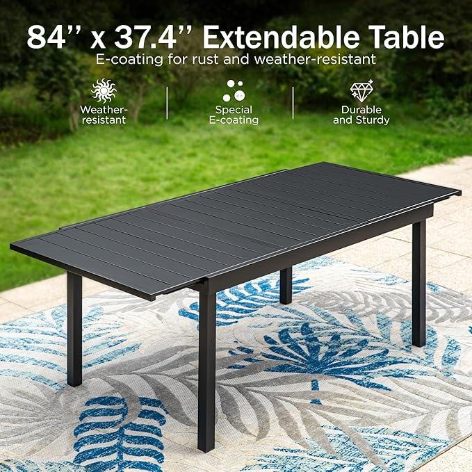 PHI VILLA 9 Piece Outdoor Dining Set, All Weather Furniture Patio Table and Chairs for 8 with Adjustable Lightweight Patio Folding Dining Chairs (Blue) & Extendable Metal Table for Garden, Yard