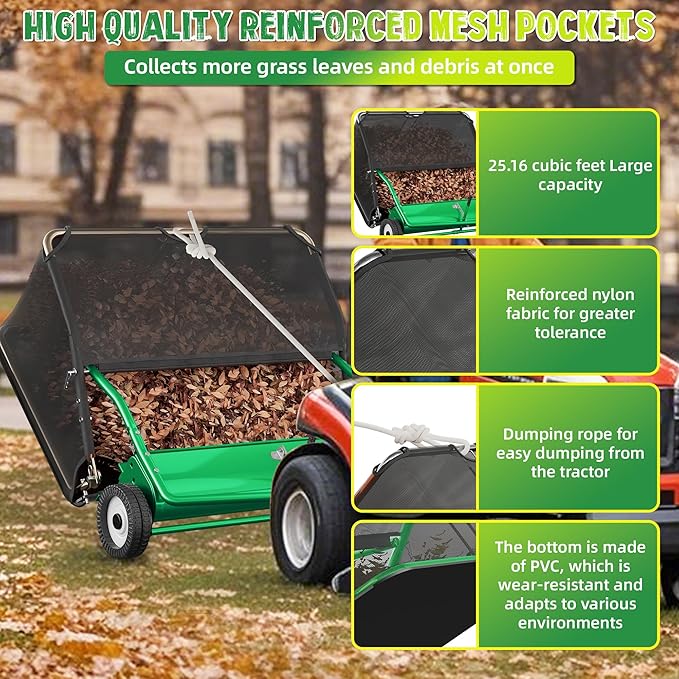 48" Lawn Sweeper Tow Behind - Pull Behind Grass Catcher with 25.16 cu. ft Large Hopper, Heavy Duty Leaf & Grass Collector, Adjustable Brush Height Lever and Dumping Rope, Lawn and Yard Cleanup Tool