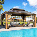 MELLCOM 12'x16' Wood Looking Hardtop Gazebo, Aluminum Frame and Galvanized Steel Double Roof, Metal Outdoor Gazebo with Curtains and Nettings for Deck Backyard and Patio