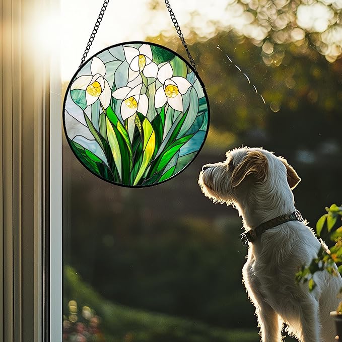 Stained Glass Window Hanging - White Snow Lotus Birth Flower Suncatcher for Doors Garden Patio Sun Catchers Decor Christmas Mother's Day Birthday Gifts for Women Men Mom Nana Friend 15 in