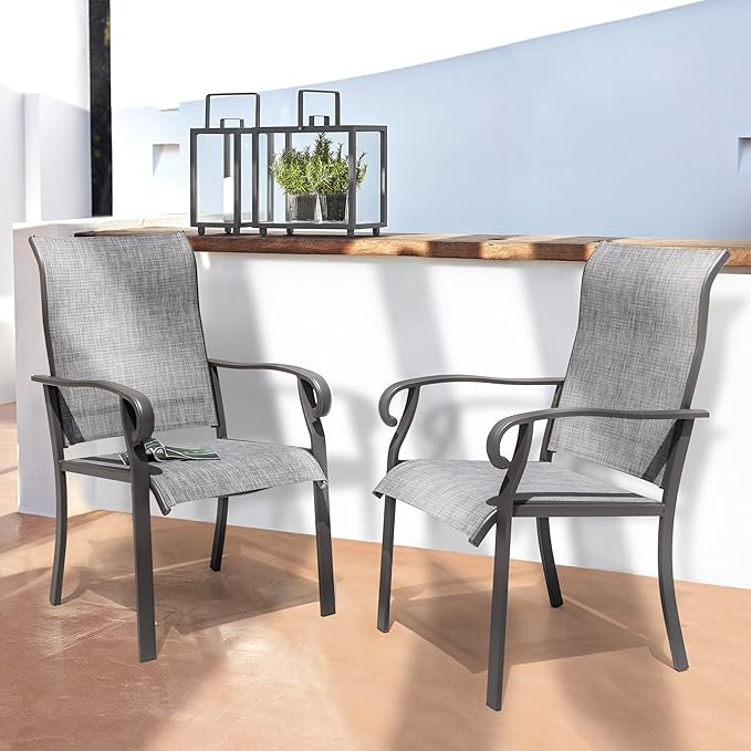 NUU GARDEN Patio Dining Chairs Set of 2, All Weather Textilene Patio Chairs,Powder-Coated Metal Frame Outdoor Patio Bistro Dining Chairs for Lawn Garden Backyard, Light Gray