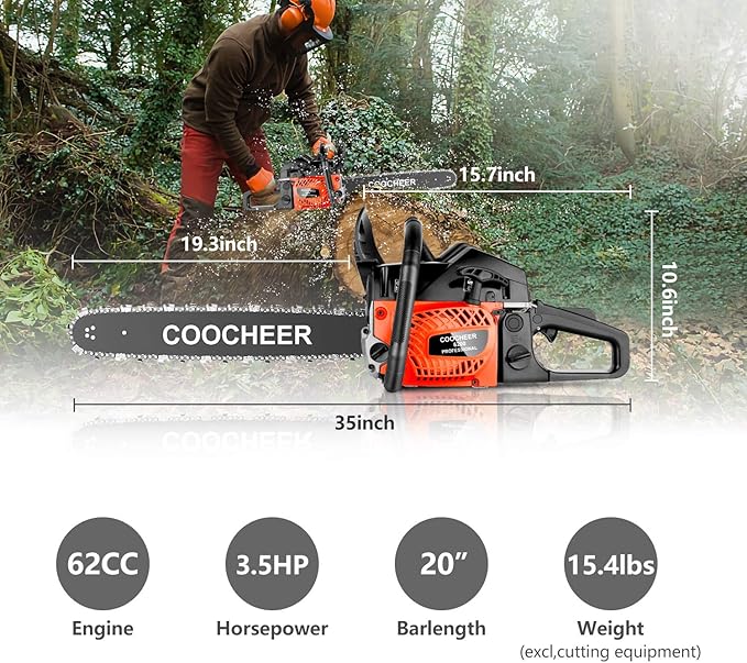 COOCHEER 62cc Gas Chainsaw 2-Cycle Cordless Chainsaw 20 Inch Handheld Chain Saw with 2 Chains & Carrying Bag for Cutting Wood Tree Trimming Farm Garden