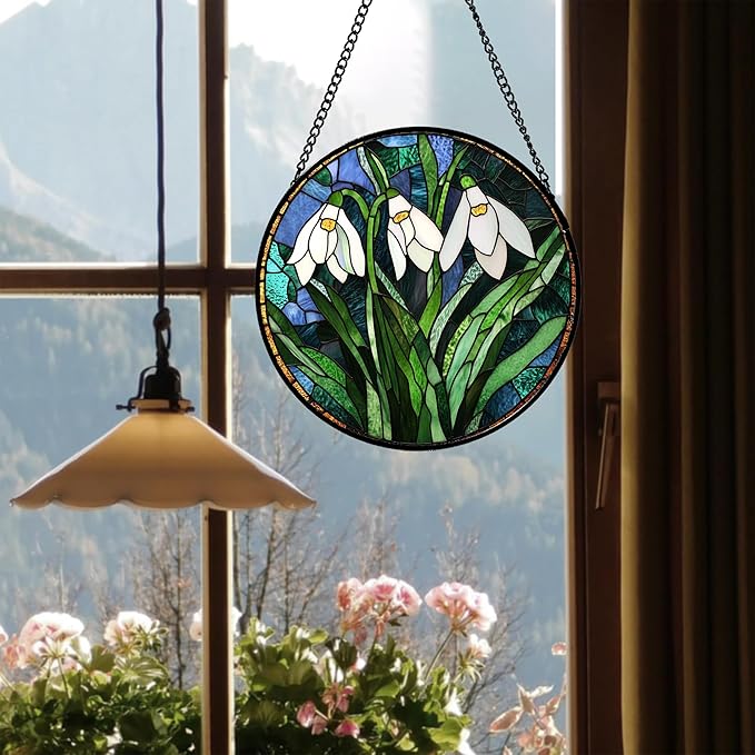 Stained Glass Window Hanging - Green Plants Birth Flowers Suncatcher for Doors Garden Patio Sun Catchers Decor Christmas Mother's Day Birthday Gifts for Women Men Mom Nana Friend 6.3 in