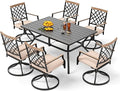 PHI VILLA Patio Dining Set of 7, 60" x 37" Metal Steel Outoor Dining Umbrella Table, 6 Swivel Chairs with Custion Patio Table Chair Set for Outdoor Garden Lawn Pool
