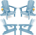 SERWALL Folding Adirondack Chair Set of 4, Adjustable Adirondack Chair with 3 Recline Positions, All Weather HDPE Outdoor Adirondack with Cup Holders, Light Blue