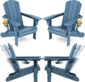 SERWALL Folding Adirondack Chair Set of 4, Adjustable Adirondack Chair with 3 Recline Positions, All Weather HDPE Outdoor Adirondack with Cup Holders, Blue
