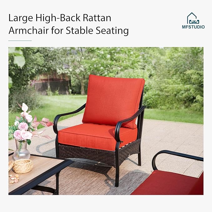 MFSTUDIO 4 Pieces Outdoor Patio Furniture Set, Metal Outdoor Conversation Set, Rattan Wicker Patio Sectional Set with 2 x Fixed Single Sofa, 3-Seat Sofa, 1 x Fire Pit Table, Red