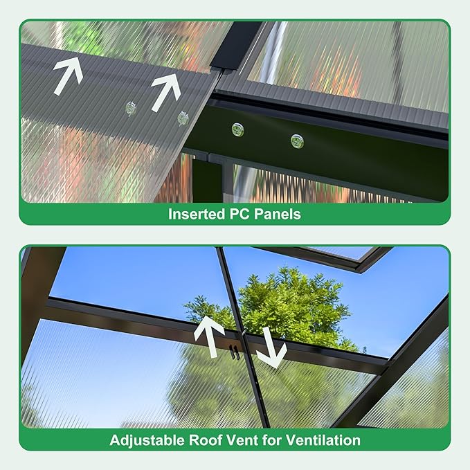 WKM 10x16 FT Greenhouse for Outdoors, Polycarbonate Greenhouse with Roof Vent and Quick Setup Structure, Enhanced Aluminum Greenhouse for Garden Backyard, Black