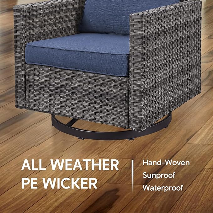 7 Piece Wicker Patio Furniture Set - Outdoor Swivel Rocker Chairs Set with Coffee Table, Side Table, 3 Seat Sofa & Ottomans, Small Patio Conversation Sets for Balcony Deck - Grey/Blue