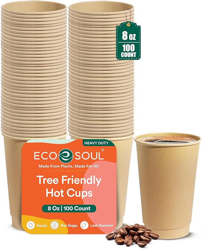 ECO SOUL 100% Compostable Plant-Based 8oz Hot Cups | (100 Count, 8 oz Hot Cups) | Disposable Bagasse Paper Cups | Eco-friendly Cups | Sturdy, Microwave & Oven Safe