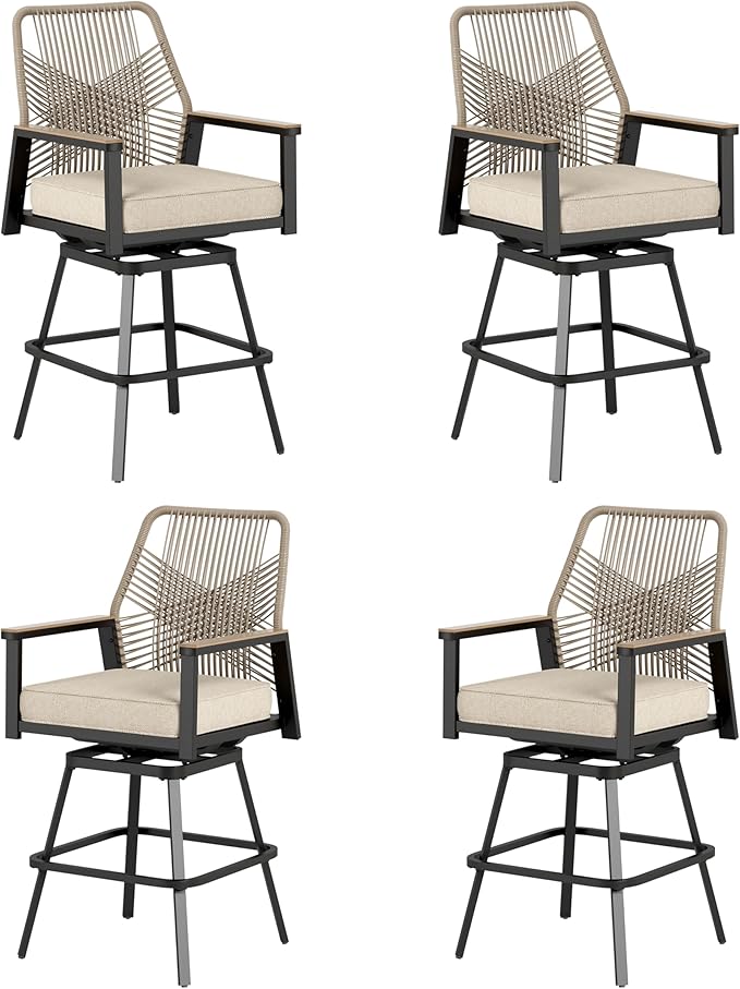Outdoor Swivel Bar Stools Set of 4, Rattan High Top Patio Chairs with Waterproof Cushion and Armrest, All-Weather Bar Height Furniture for Outside Patio Balcony and Pool, Beige