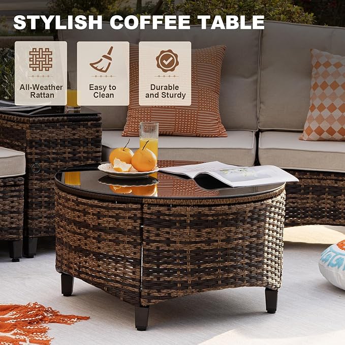 MEISSALIVVE 9 Piece Outdoor Patio Furniture Set, Half-Moon Curved Sectional Set with Wood Armrests, Patio Conversation Set, Tempered Glass Coffee & Side Tables（Brown）