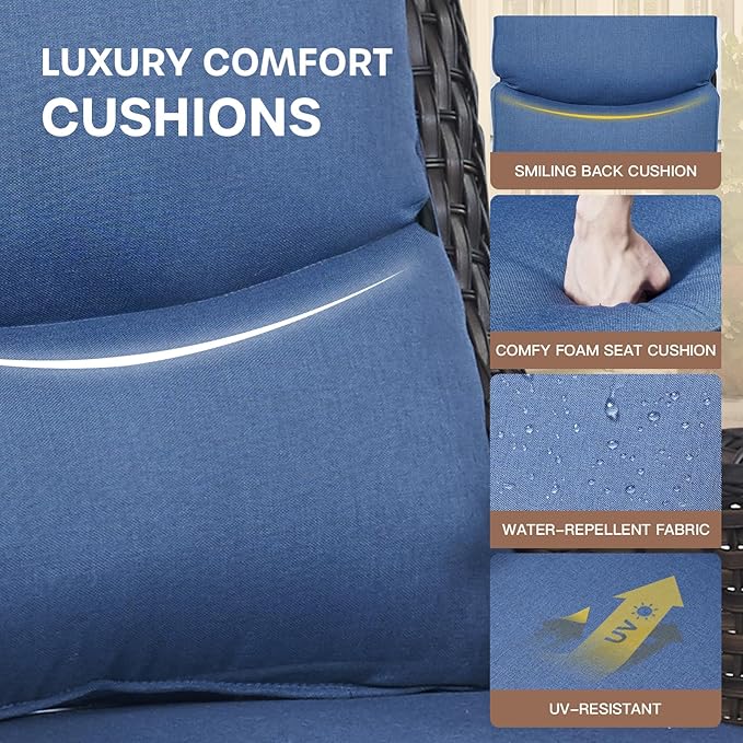 Patio Swivel Chairs with Smile-Shaped Cushions, 3 Piece High Back Patio Swivel Glider Chairs with Side Table 3PCS PE Rattan Luxury Swivel Patio Chair Set Brown Wicker - Blue Cushions