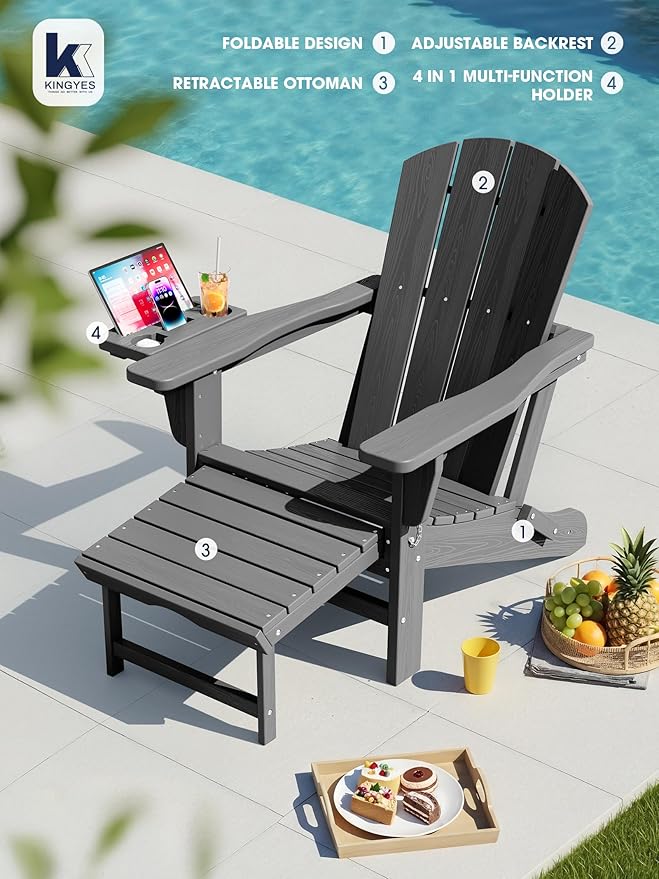 KINGYES Adjustable Folding Adirondack Chair with Footrest & 4-in-1 Multi-Functional Armrest Organizer, HDPE Foldable Reclining Adirondack Chair with Pull-Out Ottoman, Gray