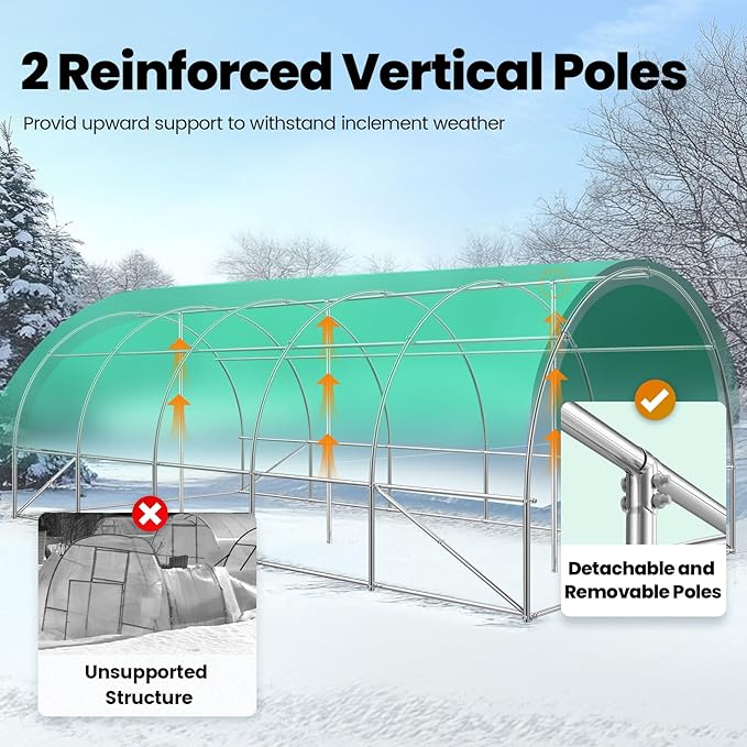 KING BIRD Premium 25x10x6.6FT Greenhouse for Outdoors, Large Walk-in Upgraded Galvanized Metal Frame, Mesh Door Screen Window Improved Zipper Tunnel Hoop for Garden Plant Winter, 2 Stiffeners, White