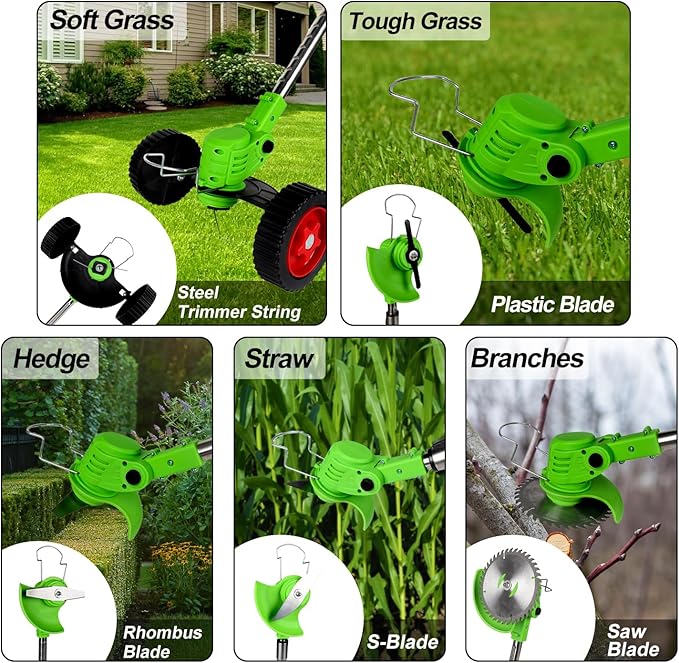 Electric Weed Wacker Cordless Eater 2 Battery, Foldable and Lightweight Grass Trimmer/Brush Cutter,5 Types Blade&Wheels 21V 4.0Ah Battery (2 Pieces) Powered for Garden and Yard (Non-Foldable)