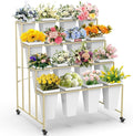 Flower Display Stand 4 Layers with 16 PCS Square Buckets, Plant Stand with Wheels, Movable Metal Plant Stand for Terrace Garden, Living Room, Florist Shop