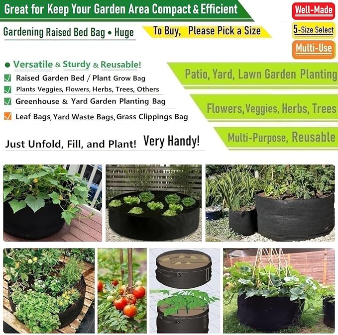 150 Gallon Large Raised Garden Bed Bag (44x24 inch) Big Garden Bag Sturdy Plant Grow Bag for Potato,Tomato Planter,Herb Veggies Planter Bag,Flower Bed,Yard Waste Bag,Lawn Debris Bag,Leaf Bag W/ Gloves