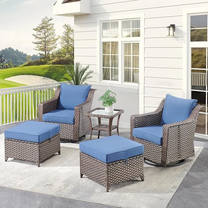 Outdoor Patio Wicker Swivel Chairs - Set of 2 Outside Resin Rattan Rocker Glider Gliding Chair Rocking Armchairs for Front Porch Balcony Backyard Yard Deck Poolside Apartment – Brown/Blue