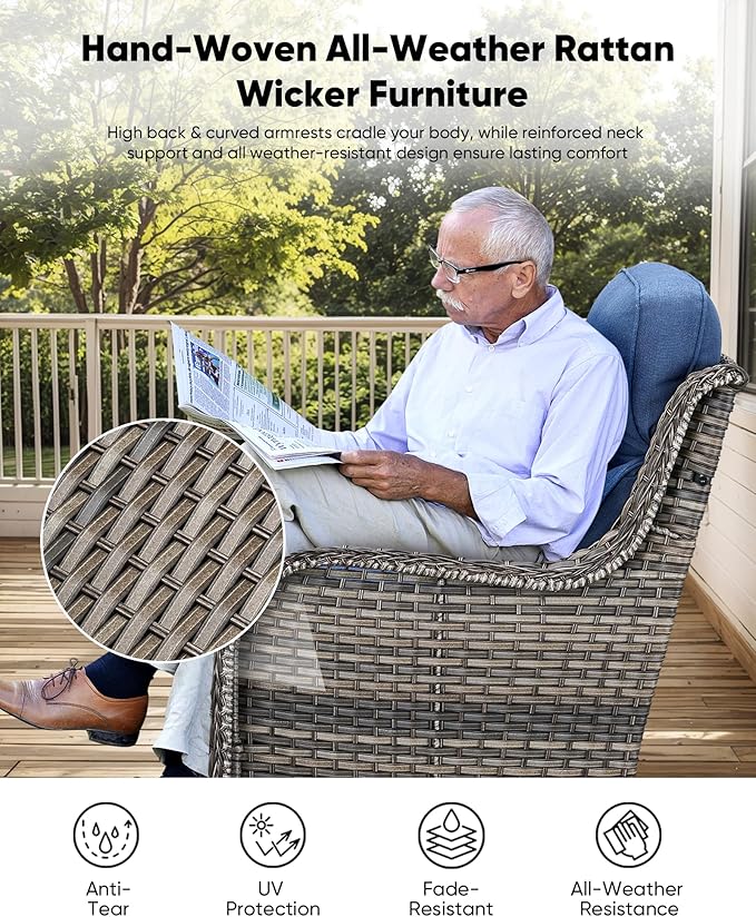 HUMMUH 6-Piece Outdoor Wicker Patio Furniture Set with Swivel Glider Chairs, 3-Seat Sofa & Ottomans 5” Olefin Cushions Ergonomic Neck-Lumbar Backrest All-Weather Rattan for Garden, Deck, Porch