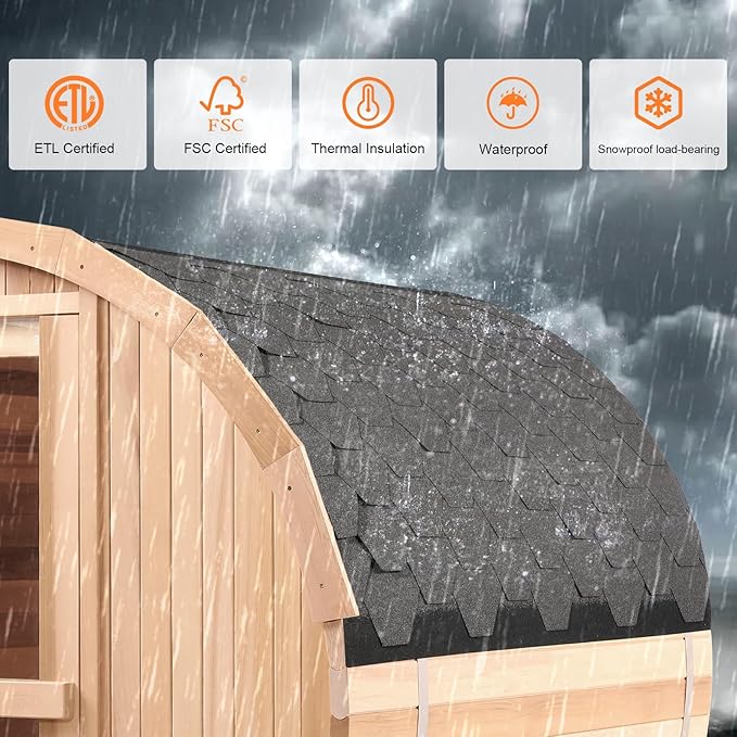 Outdoor Sauna, 6 Person Wood Steam Barrel Sauna Room with 6kw Toule Electric Heater with Stone, Canadian Helmock Wood, Accessories and Asphalt Shingle Roof (Helmock)