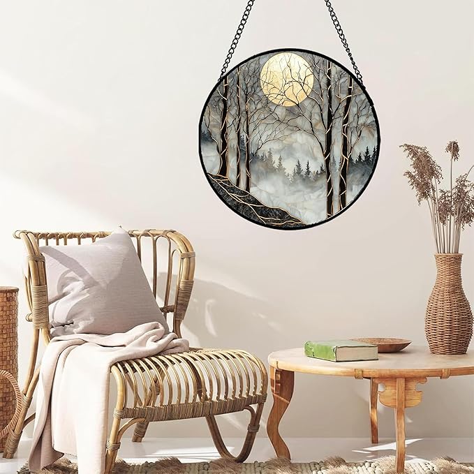 Stained Glass Window Hanging - Black and White Gold Moon Forest Sun Catcher for Door Home Decor Suncatcher Christmas Mother's Day Birthday Gifts for Women Men Lovers Mom Nana 7.8 in