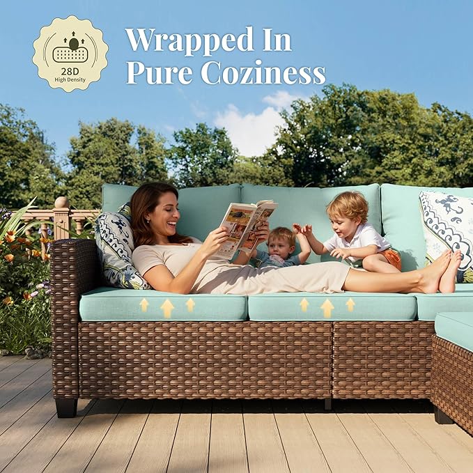 Patio Furniture Set, 8 Pcs Wicker Rattan Outdoor Conversation Set, 4 x Leg Chairs, 1 x 3 Seater Sofa and 2 x Ottoman with 4" Thick Cushion and 32" Fire Pit Table, Blue