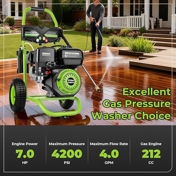 4200PSI Gas Pressure Washer 4.0GPM Gas Power Washer 212CC Gas Powered Washing Machine Commercial High Pressure Washer with 25ft Hose&5 Nozzles for Patio Garden Yard Vehicle,EPA/CARB/ETL (Green)