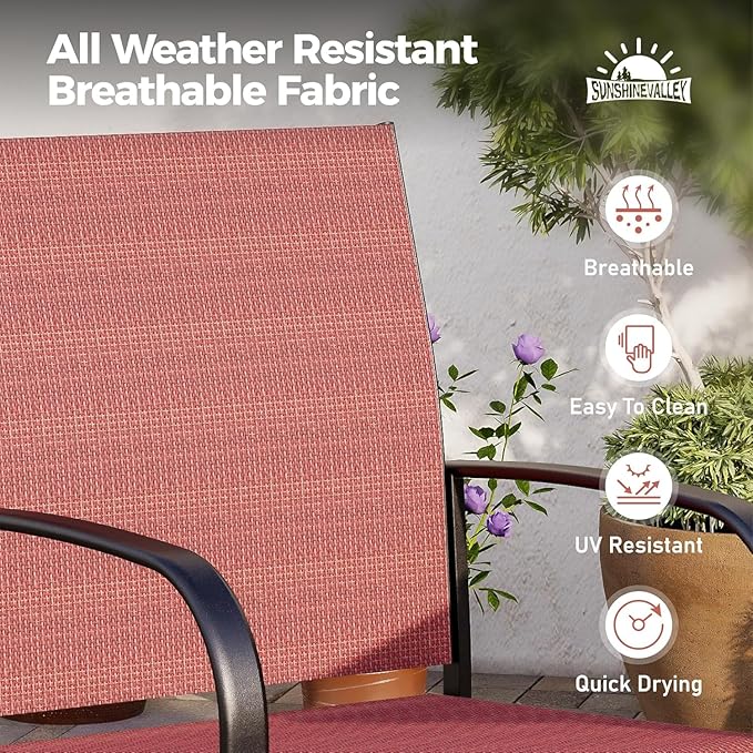5 Piece Patio Dining Set for 4, 37”Square Table with Umbrella Hole, 4 x Metal Red Chairs, Outdoor Table and Chairs for Lawn and Deck