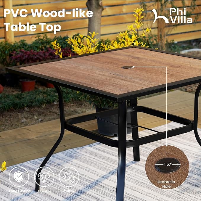 PHI VILLA 5 Piece Outdoor Patio Dining Set with 4 Swivel Dining Chairs & 1 Wood-Like Dining Table, All Weather Blue Textilene Mesh Fabric Chair and Square Metal Table for Deck Lawn Garden