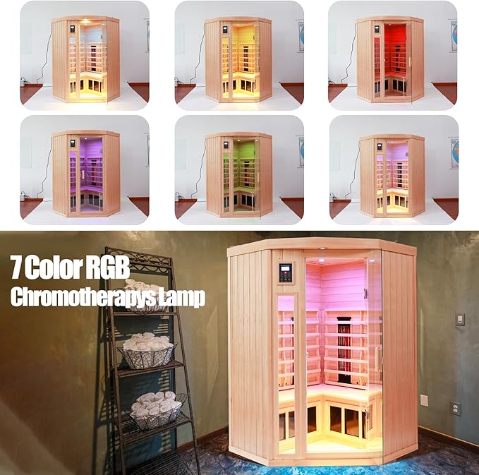 Ceramic Infrared Sauna 2-3 Person Infrared Saunas for Home Low EMF Indoor Home Sauna Spa Hemlock Wooden Corner Sauna Room with Bluetooth Speakers, LED Reading Lamps, Chromotherapy Lights