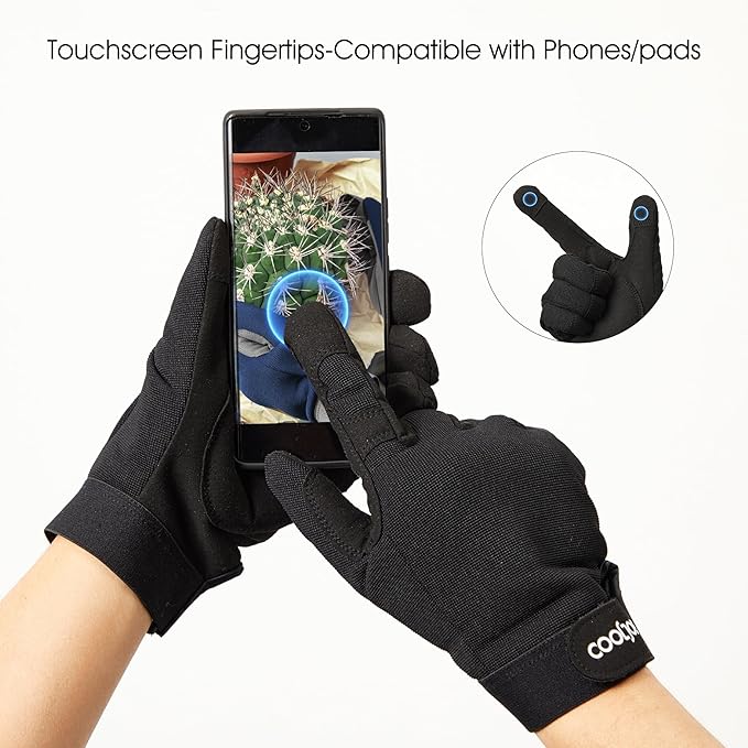 COOLJOB Thorn Proof Garden Gloves with Touchscreen Fingers for Men, Rose Pruning Work Gloves with Palm Cushion for Gardener, Farmer and Landscaper (Black 1 Pair Medium)