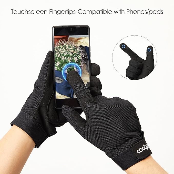COOLJOB Thorn Proof Garden Gloves with Touchscreen Fingers for Men, Rose Pruning Work Gloves with Palm Cushion for Gardener, Farmer and Landscaper (Black 1 Pair Large)