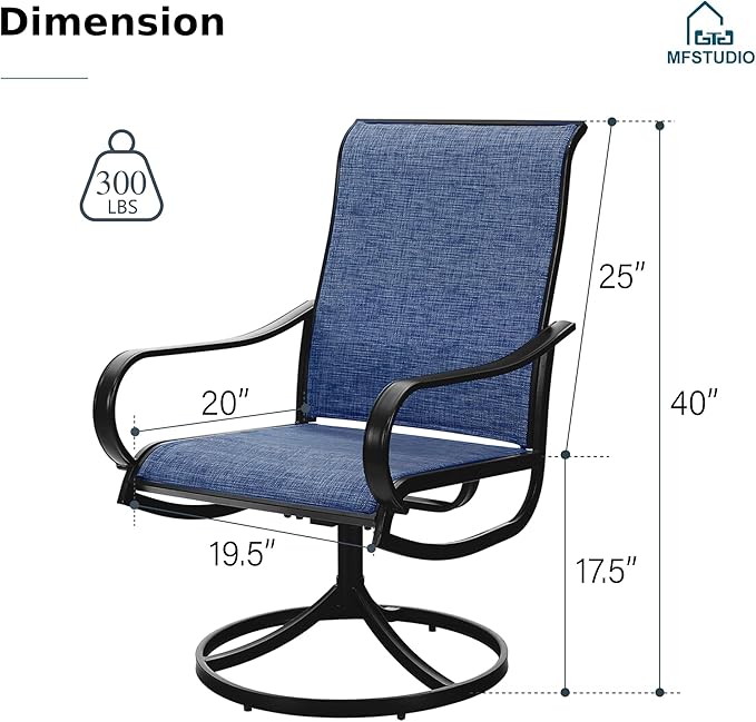 MFSTUDIO Outdoor Swivel Patio Dining Chairs Set of 6, High Back Breathable Textilene Patio Chairs for Balcony, Backyad, Deck, Garden (Navy Fabric,Black Frame)