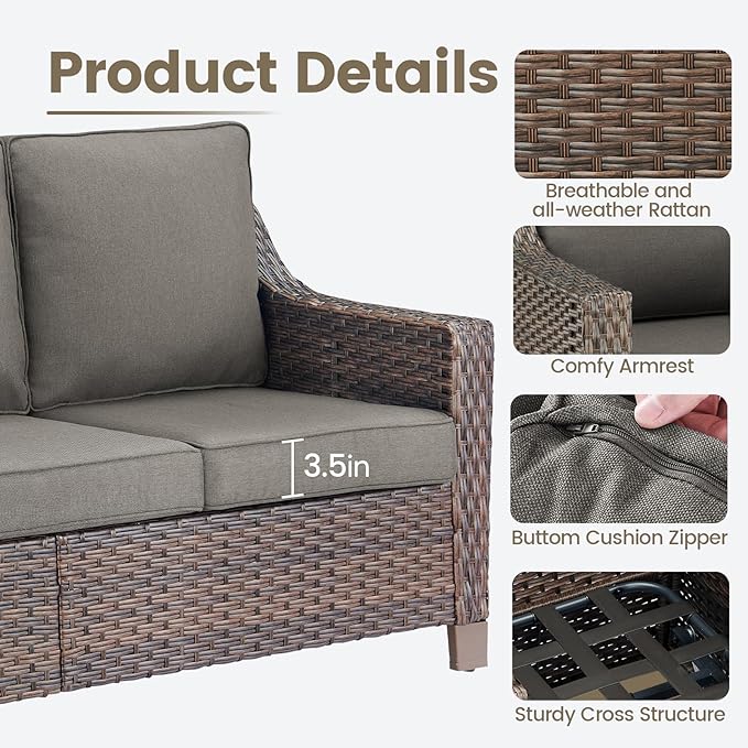 Outdoor Wicker Patio Furniture Set - 5 Piece Outside Rattan Conversation Bistro Dining Chair Sets with Rocking Swivel Chairs, 3-Seat Couch and Ottomans for Porch Yard Balcony – Brown/Grey