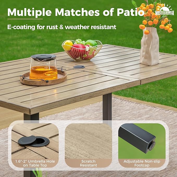 Patio Dining Set for 6, Rectangular Wood-Like Metal Table with Umbrella Hole and 6 Dining Chairs, Outdoor Table and Chairs for Lawn Garden Backyard and Deck,Blue