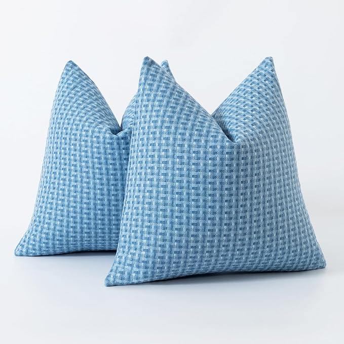 Kevin Textile Outdoor Waterproof Throw Pillow Covers Pack of 2 Weaving Texture Water Resistant Outside Decorative Cushion Covers for Garden Patio Tent Balcony Bench Couch Sofa 18x18 Inch, Light Blue