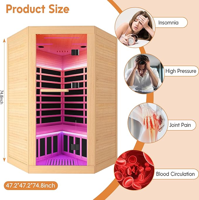 Sauna Room Far Infrared Saunas Home 1 to 3 Person Canadian Hemlock 2180W Low-EMF Dry Sauna with Oxygen Bar/7 Color Therapy/9 Heating Plates/Control Panel/Speakers 20-Year Aftersale