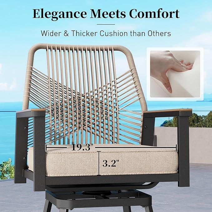 Outdoor Swivel Bar Stools Set of 4, Rattan High Top Patio Chairs with Waterproof Cushion and Armrest, All-Weather Bar Height Furniture for Outside Patio Balcony and Pool, Beige
