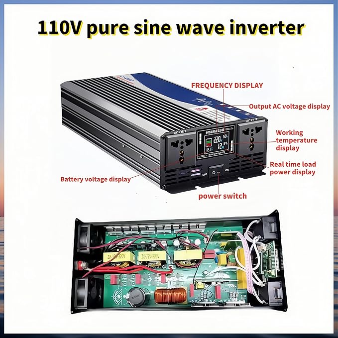3500W Power Inverter 72V DC to 110V AC Converter with LED Display Dual AC Outlets Dual Fans Radiating for RV, Camp, Boat and Home Emergency Portable Pure Sine Wave Inverter (Smart Screen, 3500W 72V)